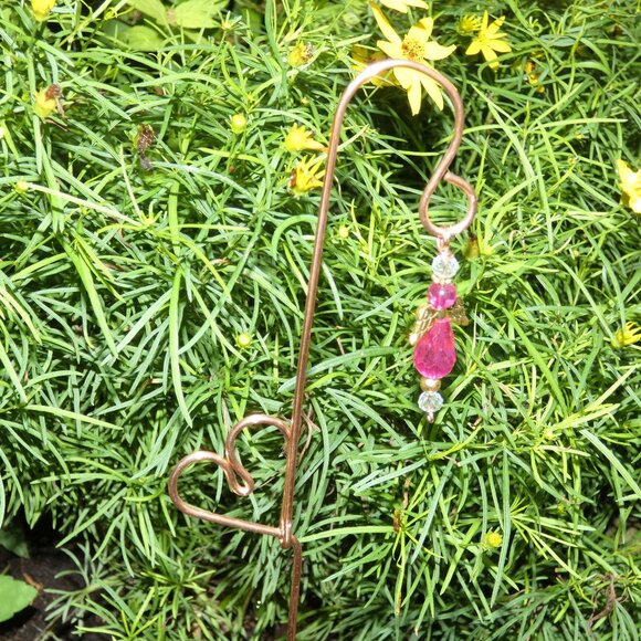 Copper Heart Plant Stake, Indoor or Outdoor Yard Art Pink Angel Embellishment - Picture 4 of 9